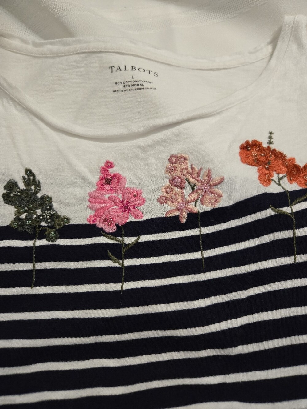 Talbots White Cotton-Blend Tee with Interior Brand Print